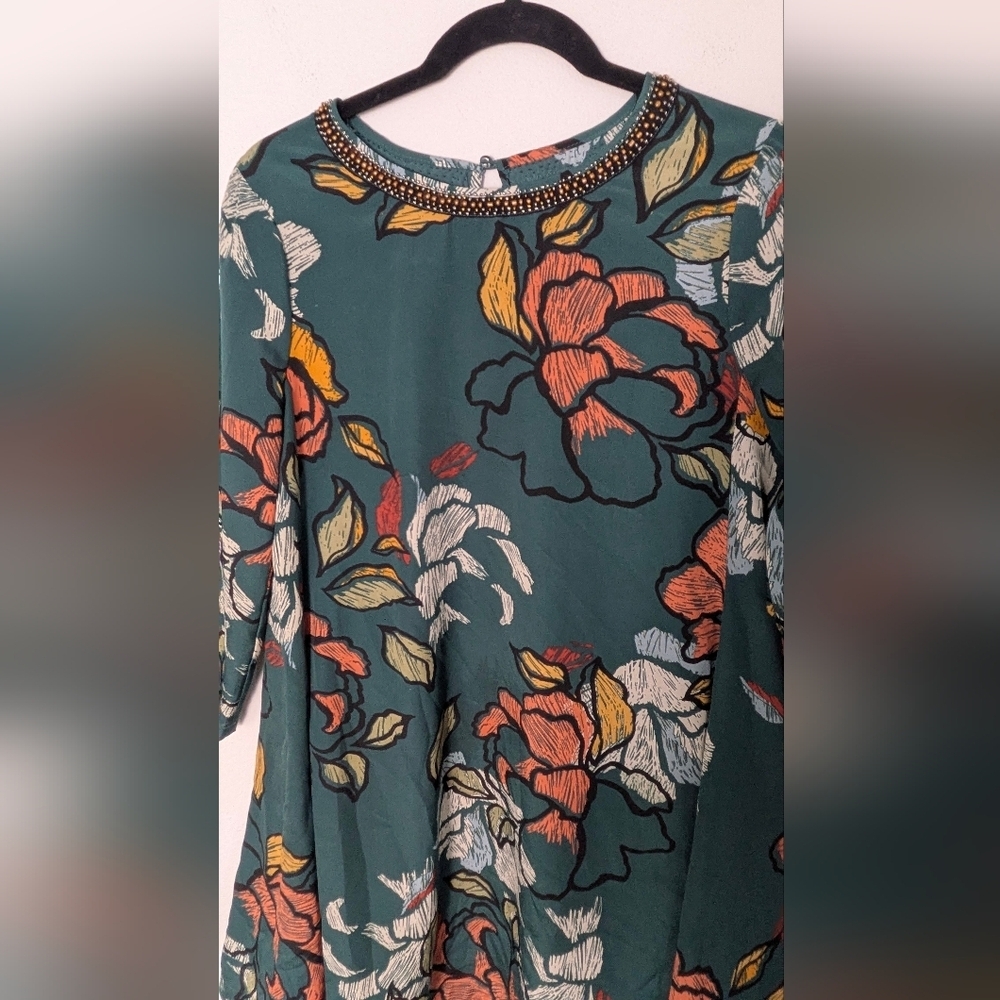Maeve Anthropologie Mini Dress Green Peonies 3/4 Sleeve Small Beaded Neck Sz PS - Picture 4 of 14